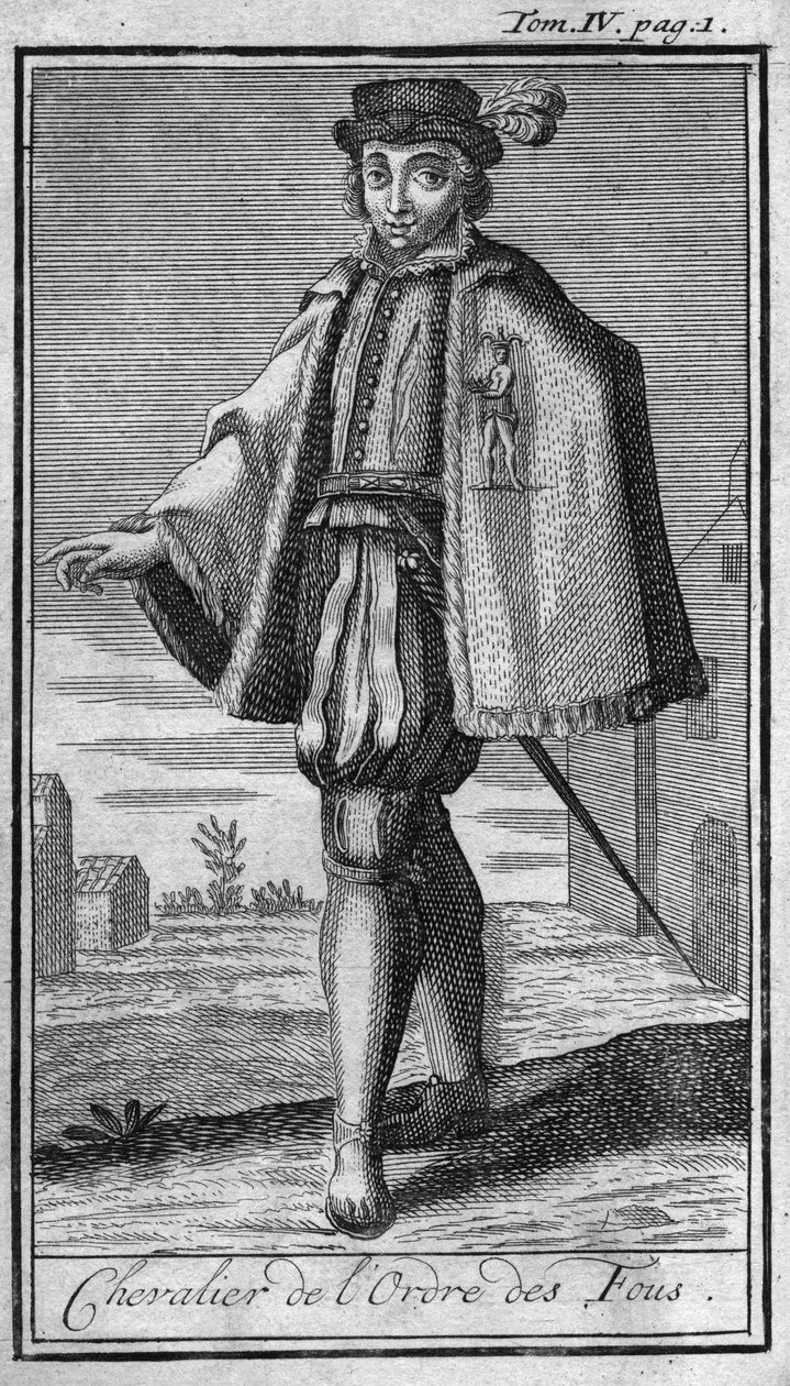 Ritterorden. Ritter des Ordens der Narren. In „History of military orders or knights, of the secure and routine militias of both sexes, which have been established so far. Edition taken from Abbe Giustiniani, R.P.Bonani, M. Herman, Schoonebeek von Unknown artist