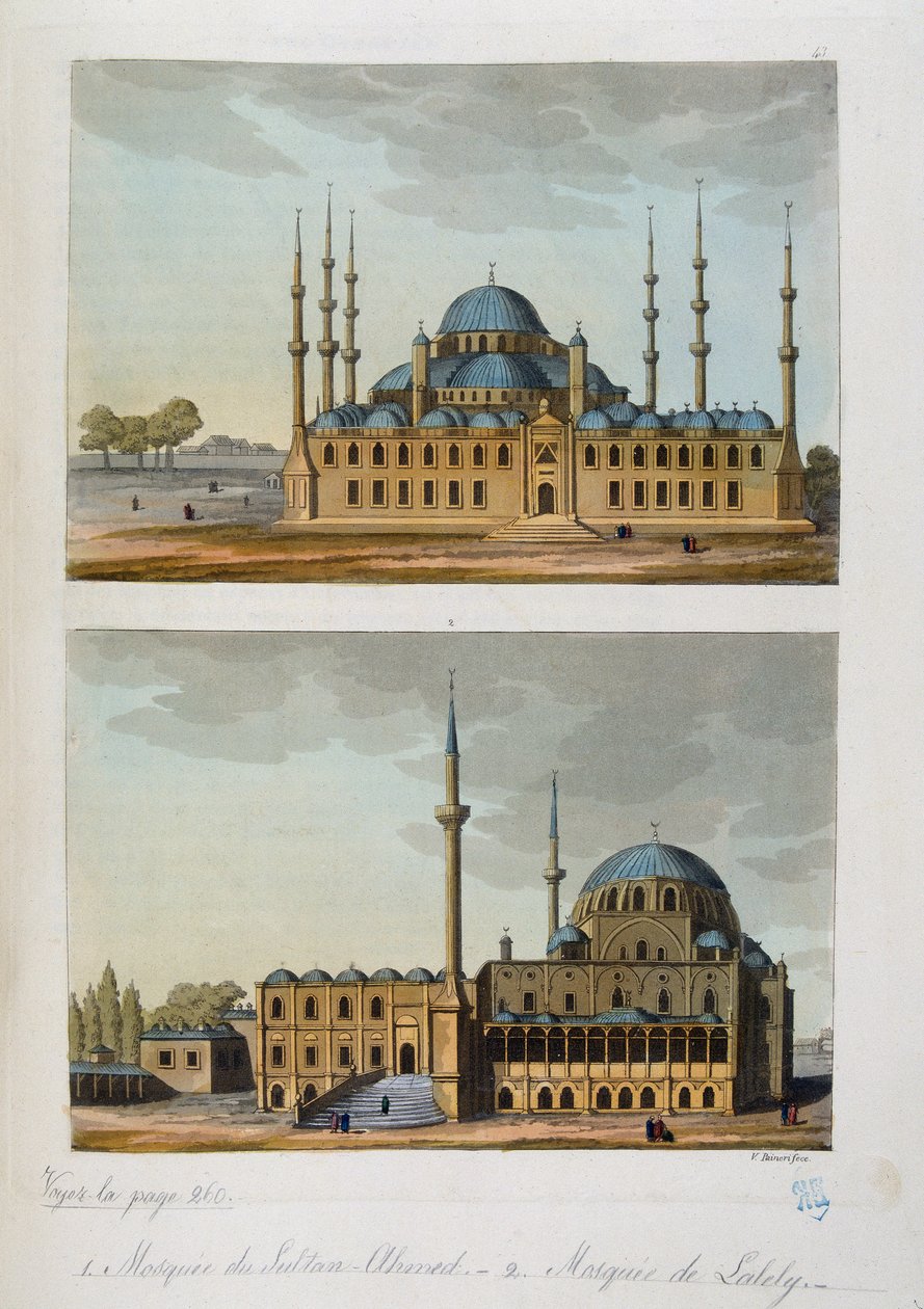 Osmanisches Reich: Blaue Moschee (oder Sultan-Ahmed-Moschee) erbaut von Sultan Ahmed I. und Laleli-Moschee in Istanbul - in „Das alte und moderne Kostüm“ von Ferrario, hrsg. Mailand von Unknown artist