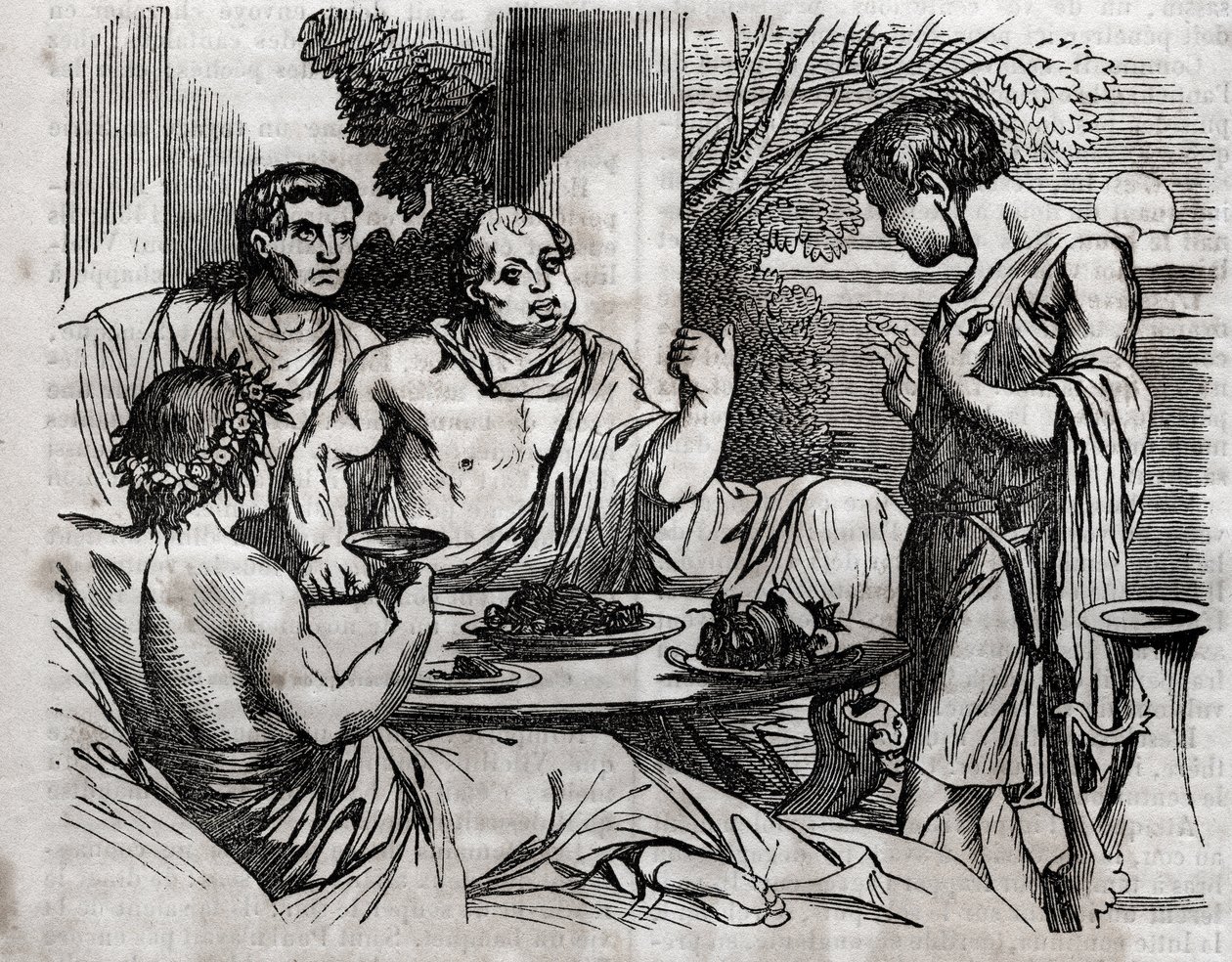 Freiluftbankettszene - Vitellius (Aulus Vitellius Germanicus Imperator Augustus), römischer Kaiser (15-69), gibt ein Fest - Gravur in „The Universal Health - Medical Guide for Families“ 1852 von Unknown artist