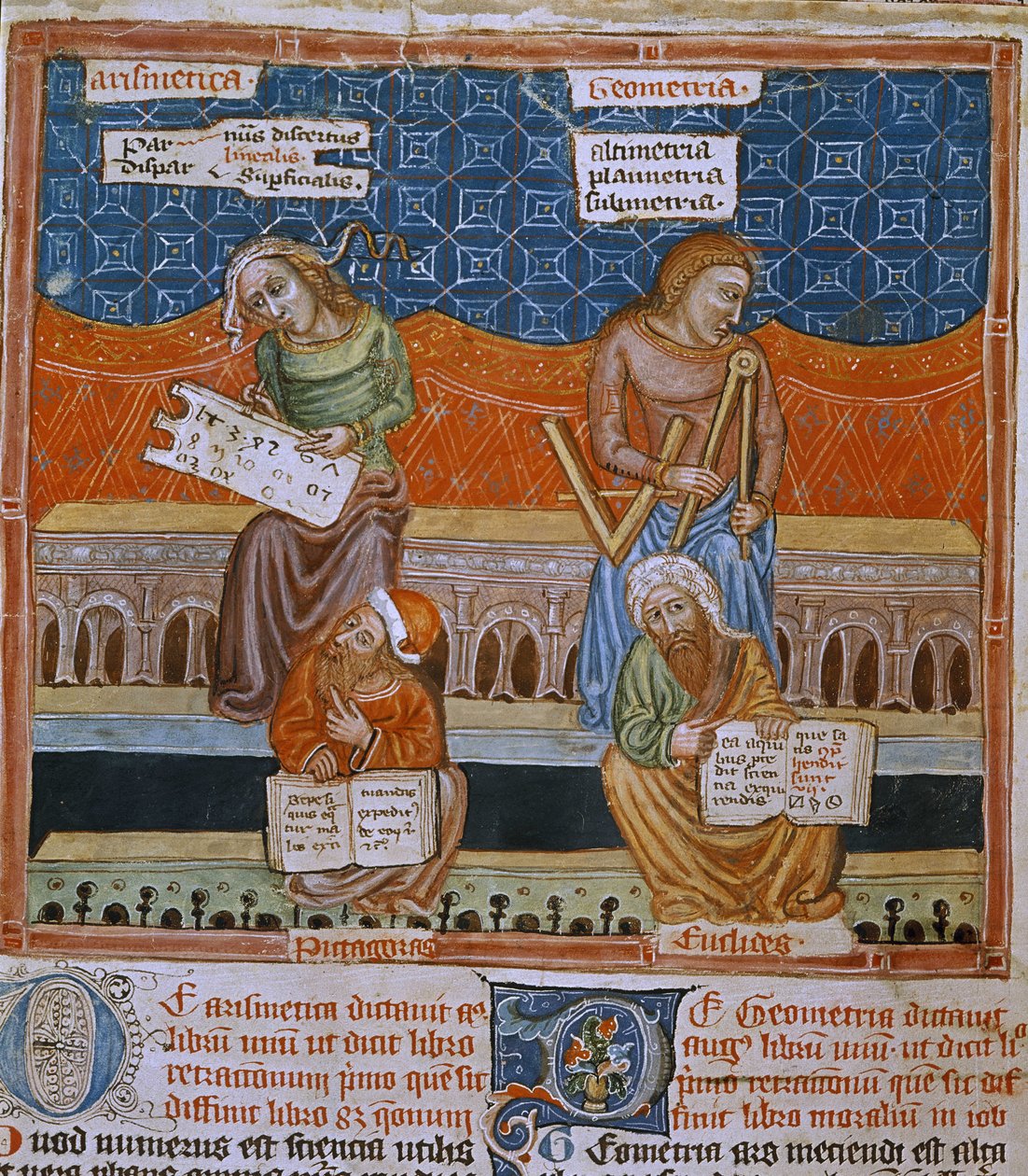 Seite eines Manuskripts, das die Allegorien von Arithmetik und Geometrie darstellt von Unknown artist