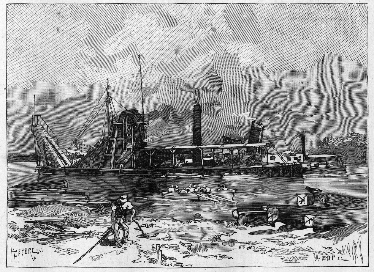 Arbeiten am Panamakanal. Hauptmaschinen: ein Bagger und sein Ventil. Gravur in "Le Monde Illustré" von Unknown artist