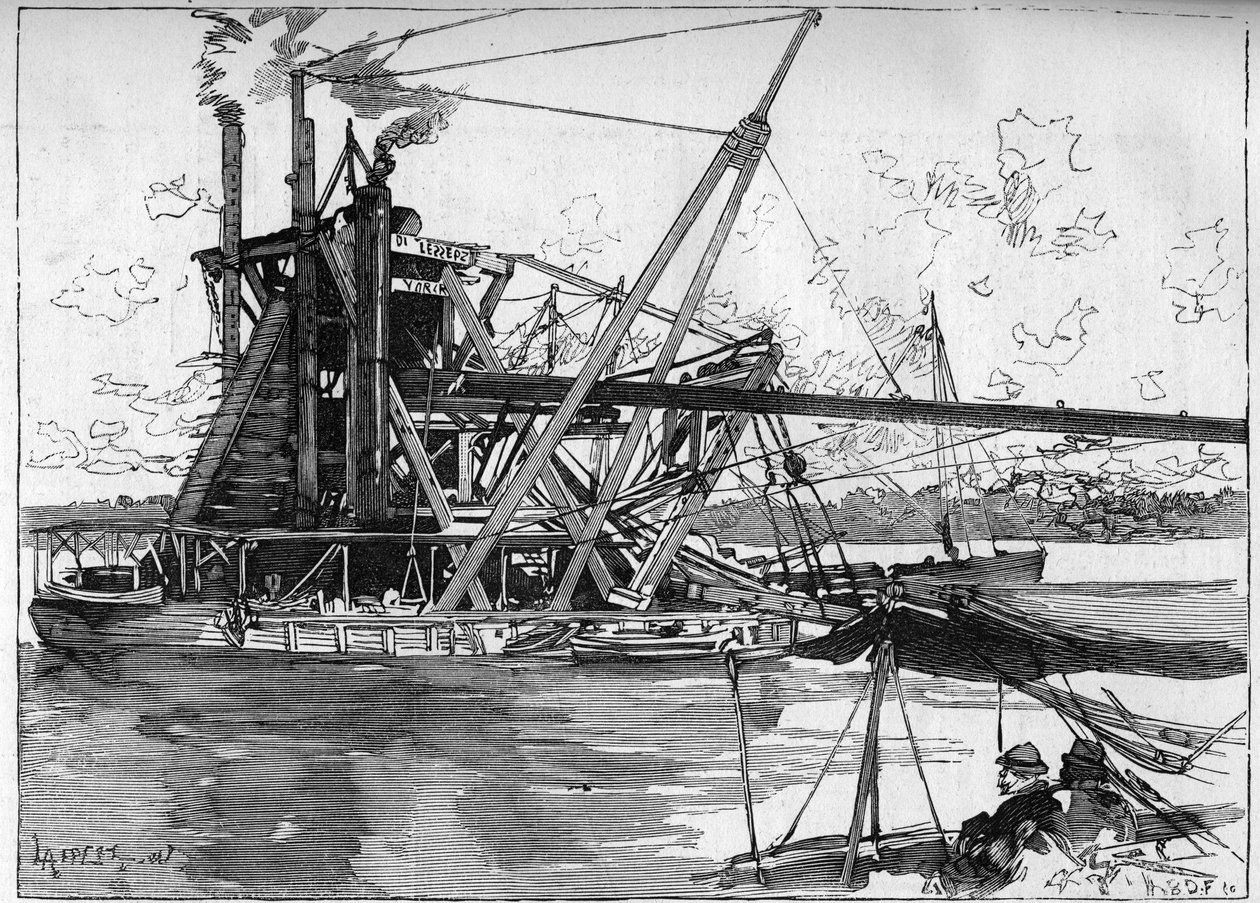 Arbeiten am Panamakanal. Hauptmaschinen: der große amerikanische Bagger. Gravur in "Le Monde Illustré" von Unknown artist