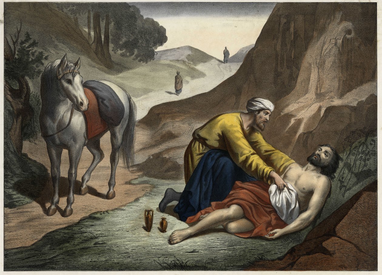 Gleichnis vom barmherzigen Samariter: Der Samariter hielt auf seinem Weg an, um dem sterbenden Mann zu helfen. Anonyme Gravur aus der Mitte des 19. Jahrhunderts. von Unknown artist