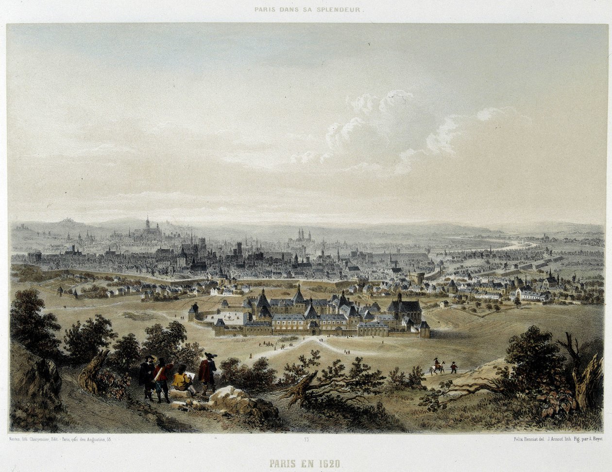 Paris im Jahr 1620, Gesamtansicht von der Butte Chaumont - Lithografie von Unknown artist
