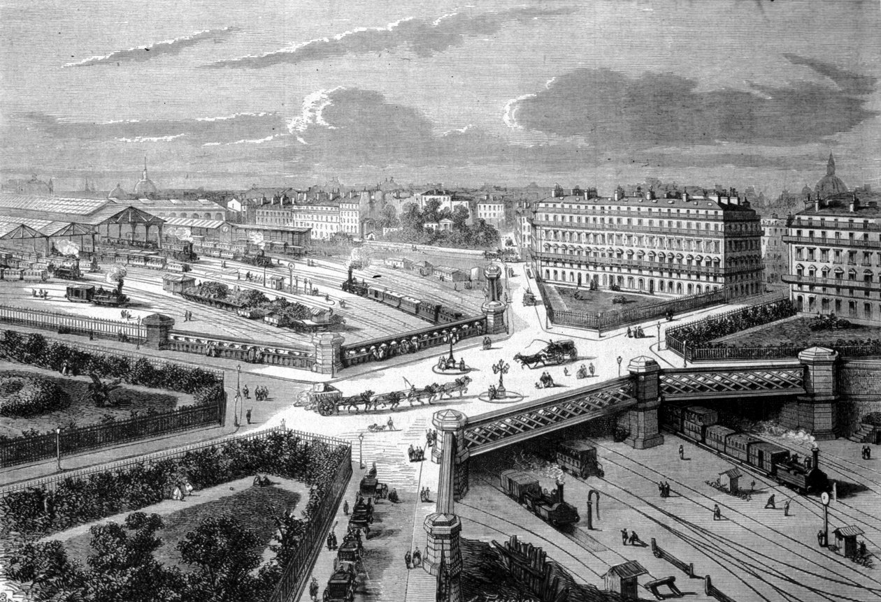 Paris, der neue Platz Europas an den westlichen Eisenbahnen. 1868. Gravur aus dem 19. Jahrhundert von Unknown artist