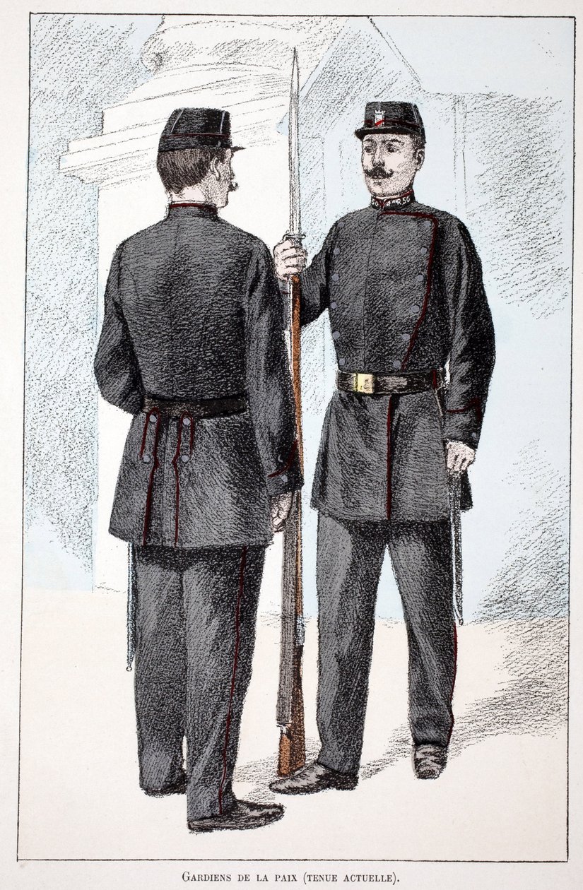 Friedenswächter (Lepine-Periode). Farbradierung zur Illustration „Geschichte des Friedenswächterkorps“ Buch veröffentlicht unter der Schirmherrschaft von Louis Lepine (1846-1933), Polizeipräfekt von Paris, von Alfred Rey (1864-?) und Louis Feron (1862-?) von Unknown artist