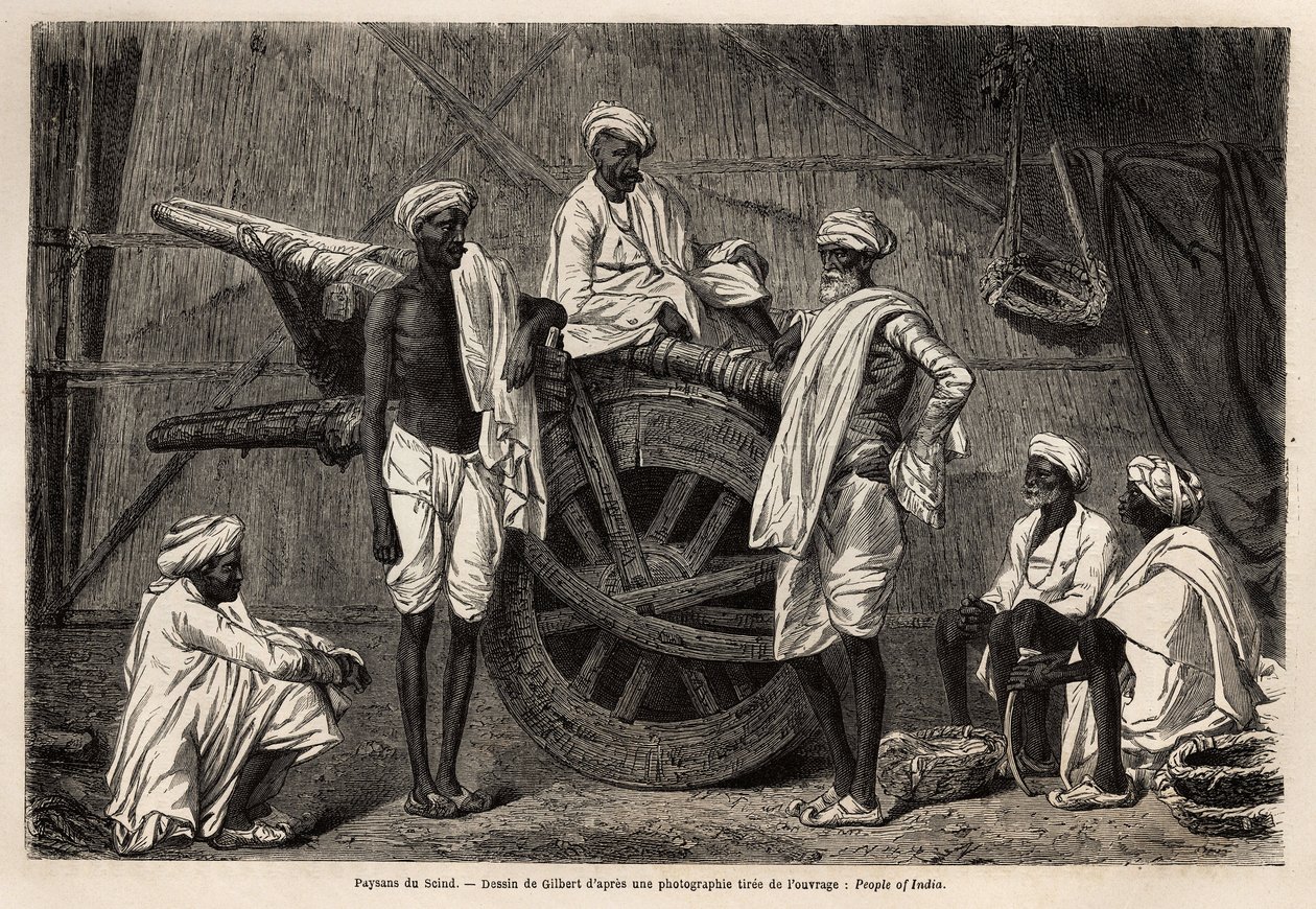 Bauern aus Scind (Punjab-Region, Indien), neben ihren landwirtschaftlichen Maschinen. Gravur zur Illustration der Reise nach Pandjab und Kaschmir, Geschichte von Guillaume Lejean, 1866, veröffentlicht in "Le tour du monde, nouveau journal des voyages" von Unknown artist