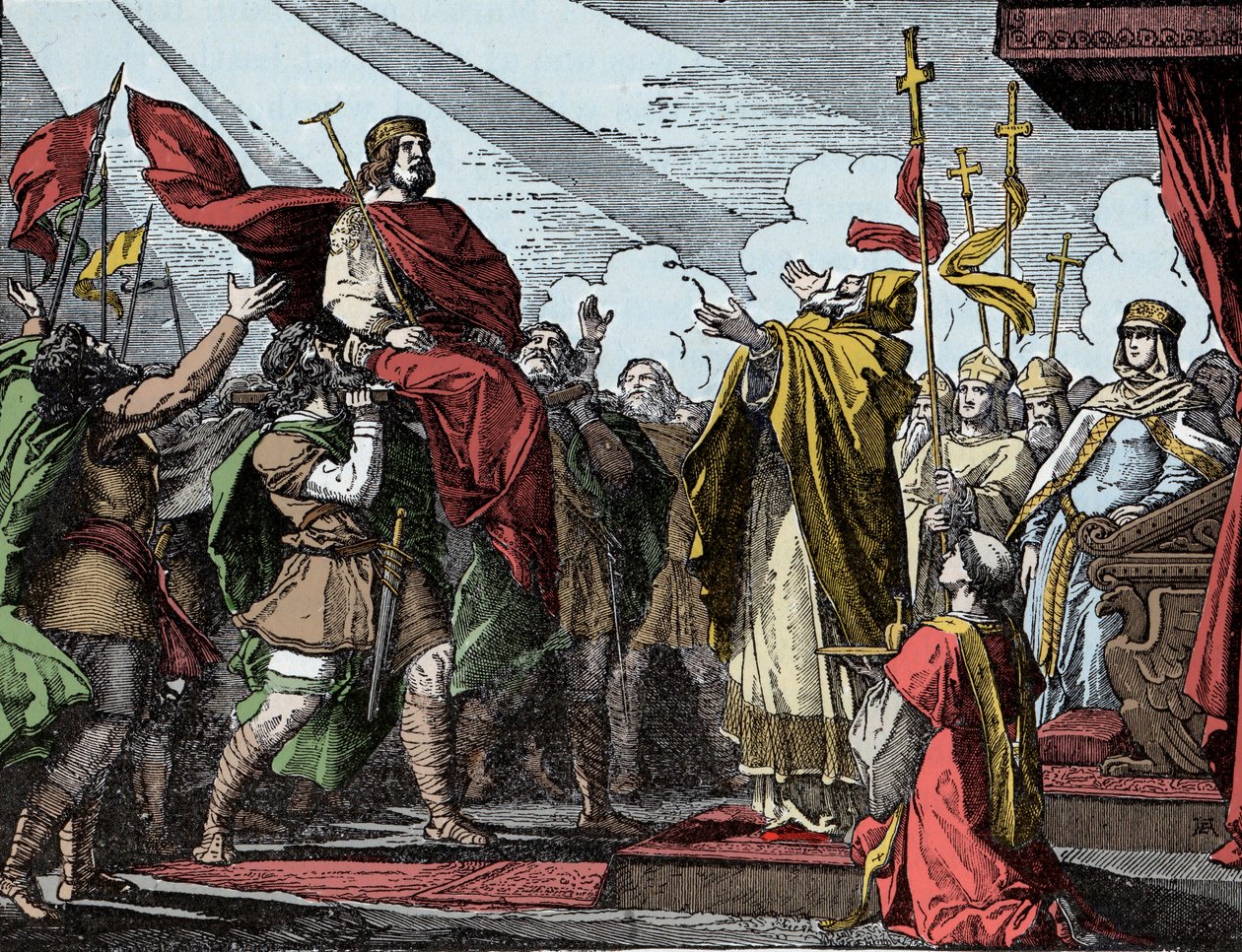 Pippin zum König der Franken ausgerufen - Krönung von Pippin dem Kurzen (714-768), Basilika von Saint Denis, 28. Juli 754: Papst Stephan II. weihte ihn zum König der Franken und Patrizier der Römer (Patricius Romanorum) von Unknown artist