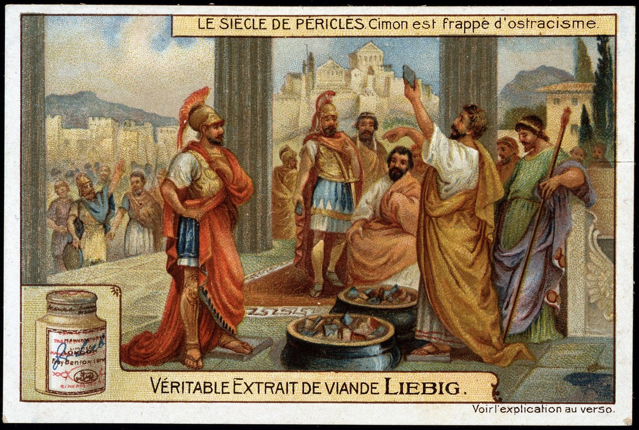 Perikles-Zeit (495-429 v. Chr.): Staatsmann und Stratege Kimon (510-449 v. Chr.) wird 461 v. Chr. mit dem Ostrakismos bestraft - Liebig Chromolithographie von Unknown artist