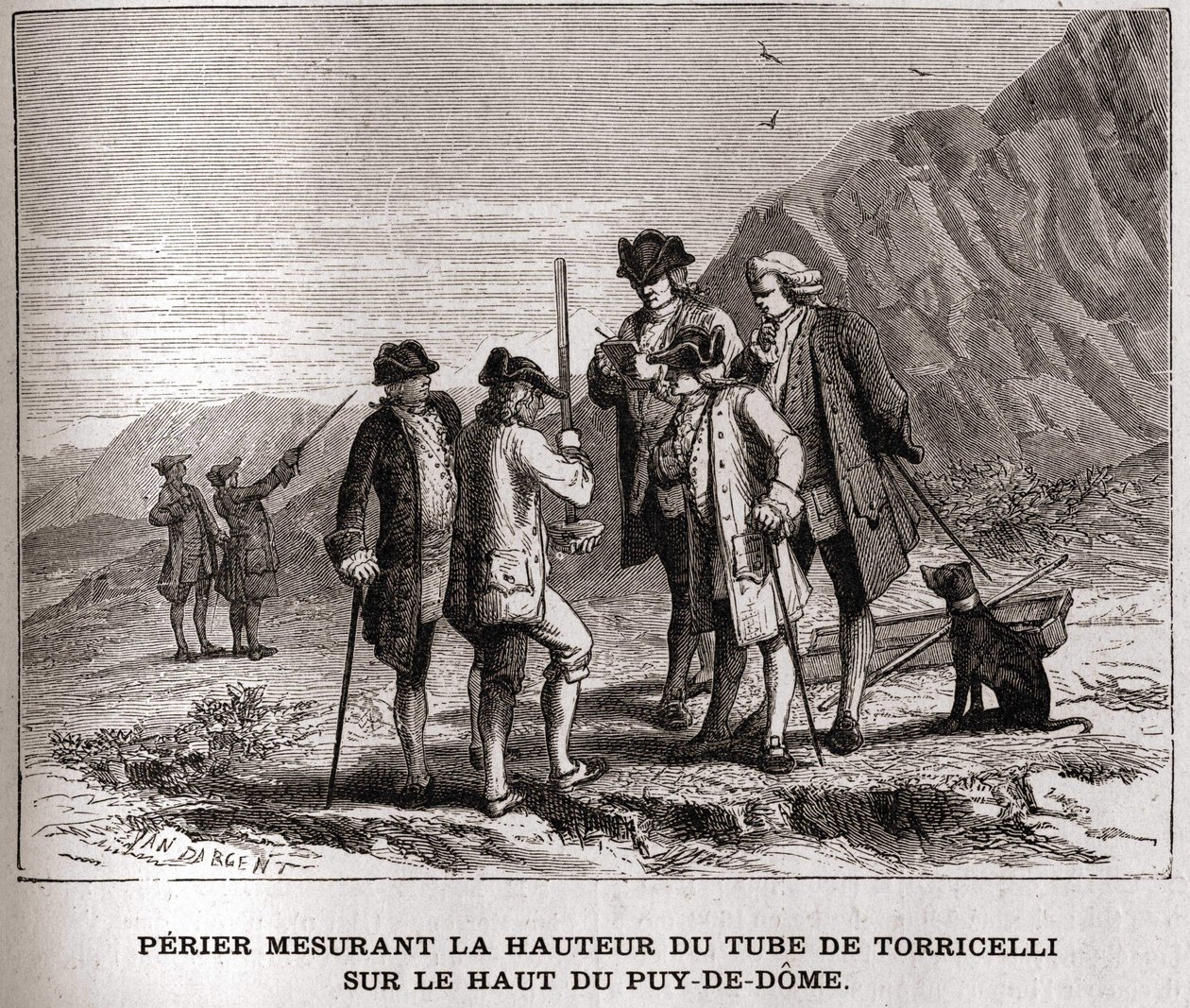 Perier misst die Höhe des Barometers (Quecksilberrohr) von Evangelista Torricelli auf dem Gipfel des Puy-de-Dôme am 20. September 1618 (Gravur des 19. Jahrhunderts, Bianchetti-Sammlung) von Unknown artist
