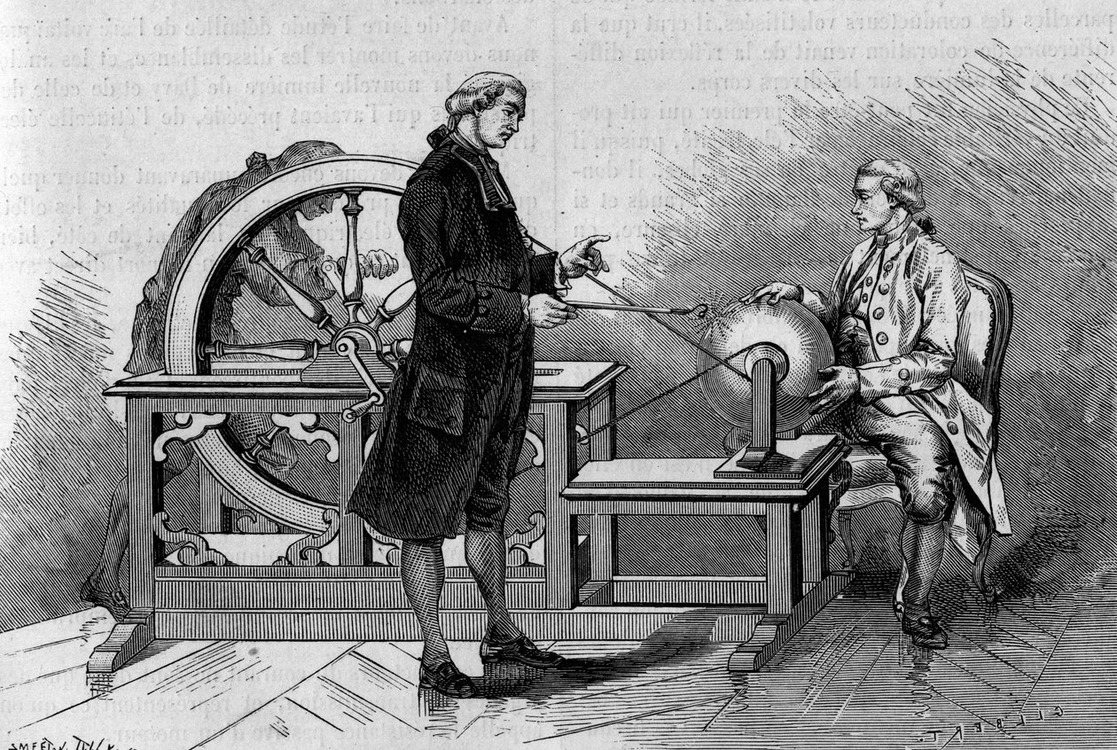 Physikexperiment im 18. Jahrhundert: Leuchten erzeugt durch eine elektrische Maschine. (Von Abbe Nollet). Gravur in „La Nature: revue des sciences et de leurs applications aux arts et a l