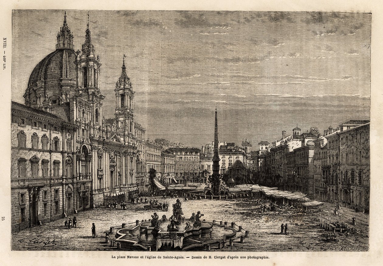 Piazza Navona, erbaut auf den Ruinen des Stadions von Domitian aus dem 1. Jahrhundert, ist der Stolz des barocken Rom, mit dem Brunnen der 4 Flüsse, erbaut zwischen 1648-1651, nach dem Entwurf von Bernini (1598-1620) und der Kirche St. Agnes, gebaut zwisch von Unknown artist