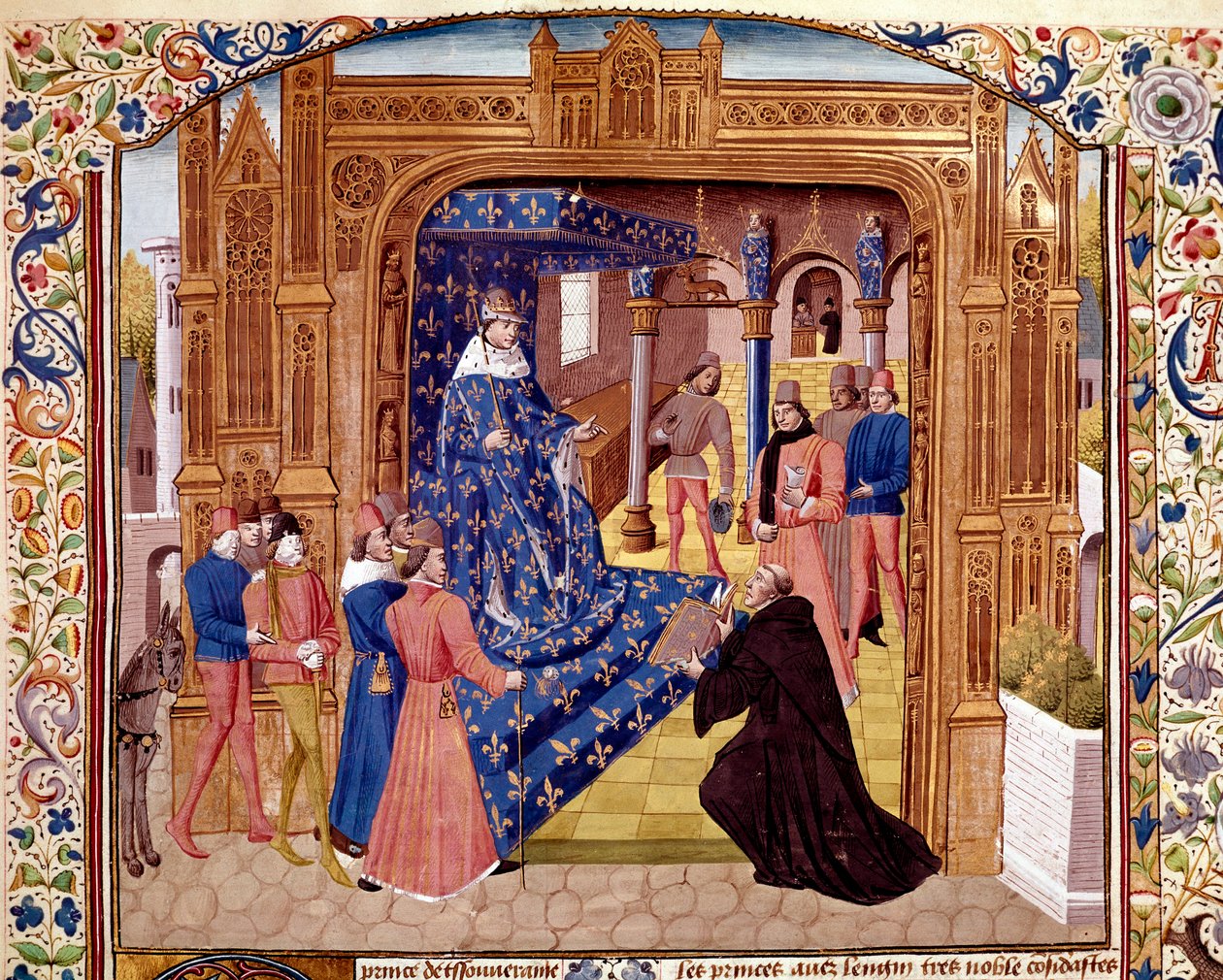Pierre de Bressuire bietet sein Buch Johann II. dem Guten auf der Île de la Cité in Paris an. Miniatur aus „Römische Geschichte“ von Titus Livius, übersetzt von Pierre Bressuire von Unknown artist