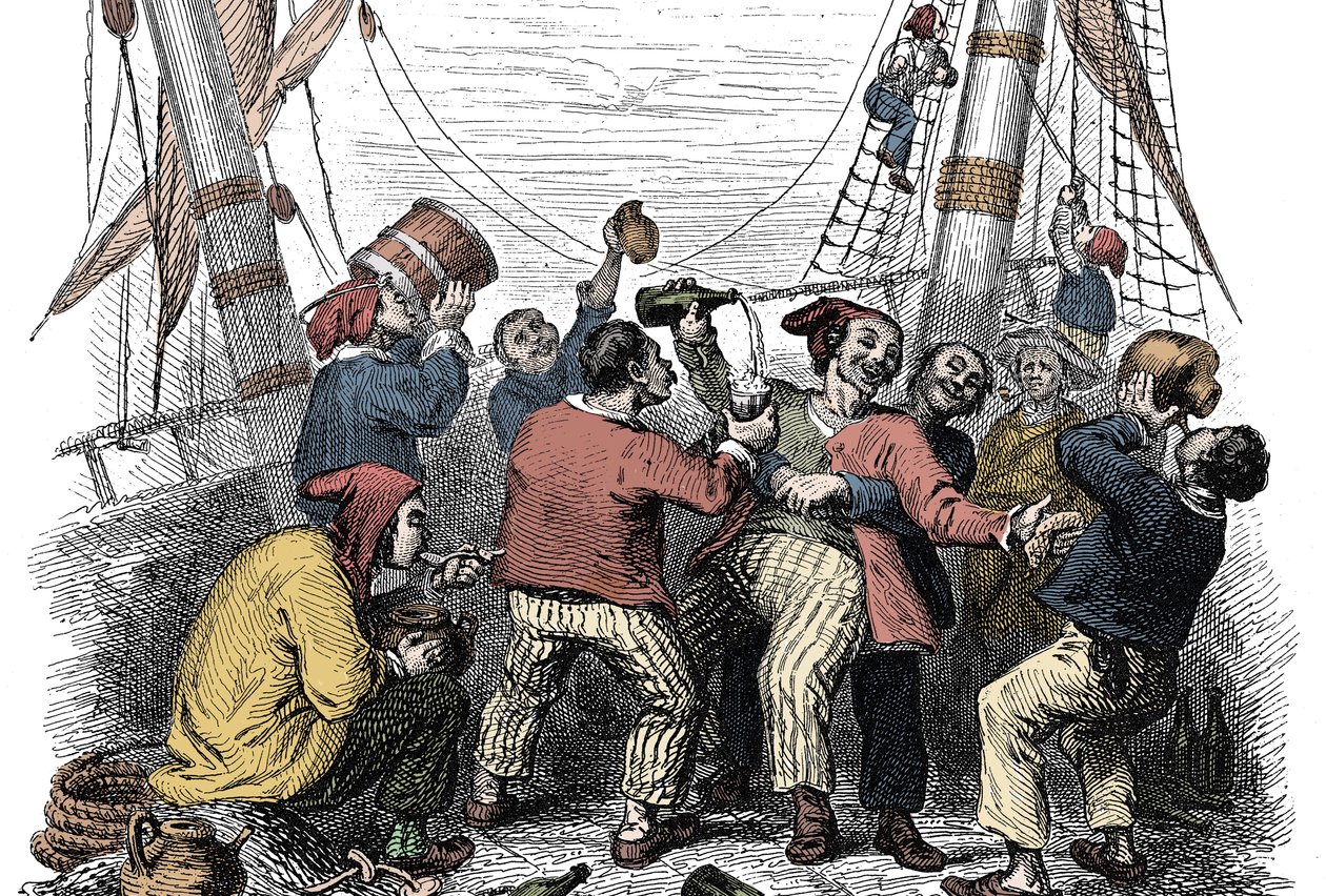 Piraten feiern die Eroberung einer reichen Beute nach dem Angriff auf ein feindliches Schiff. Gravur aus dem 19. Jahrhundert von Unknown artist