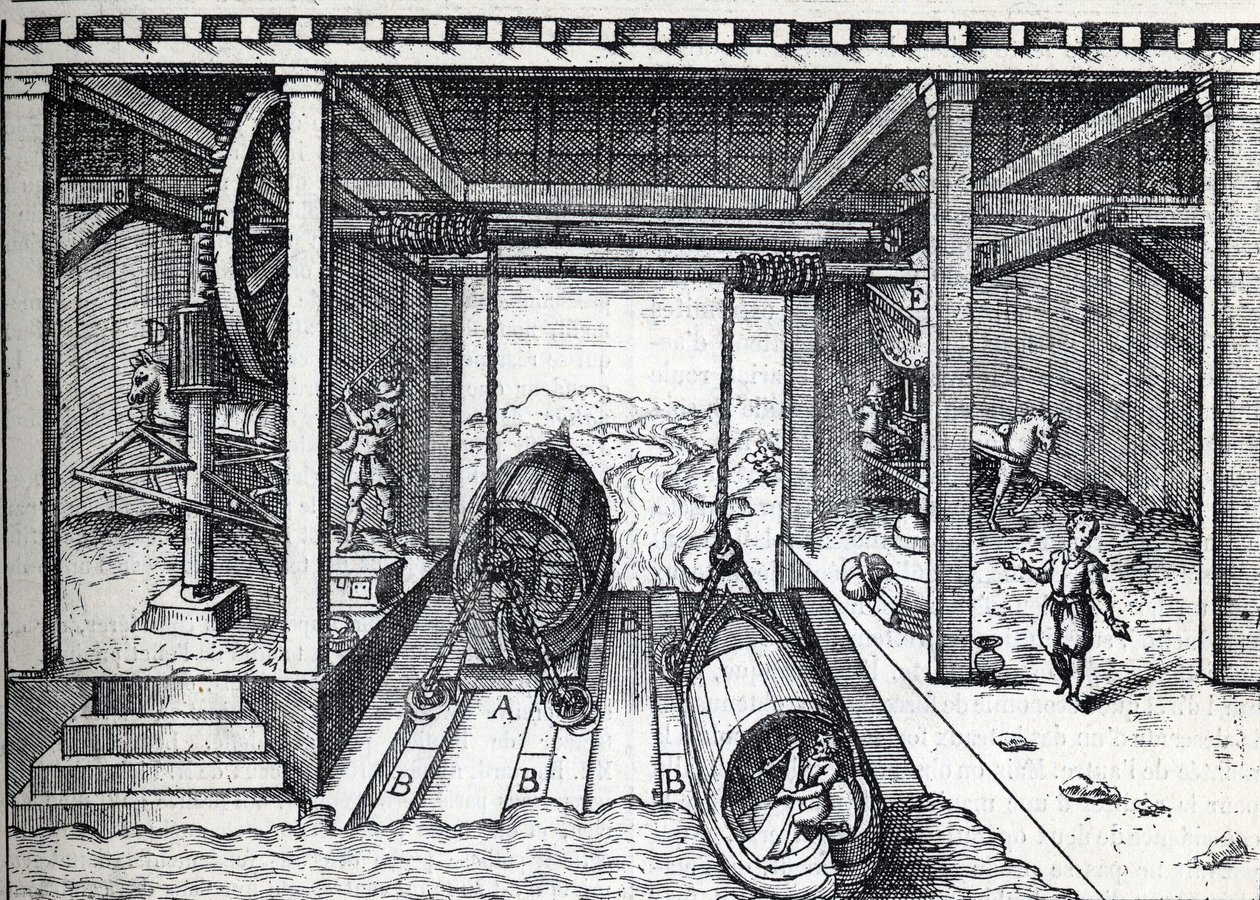 Schrägaufzug für Boote im 16. Jahrhundert auf den Lagunen des Brenta (Fluss) in Norditalien. Gravur in „La Nature“ von Unknown artist