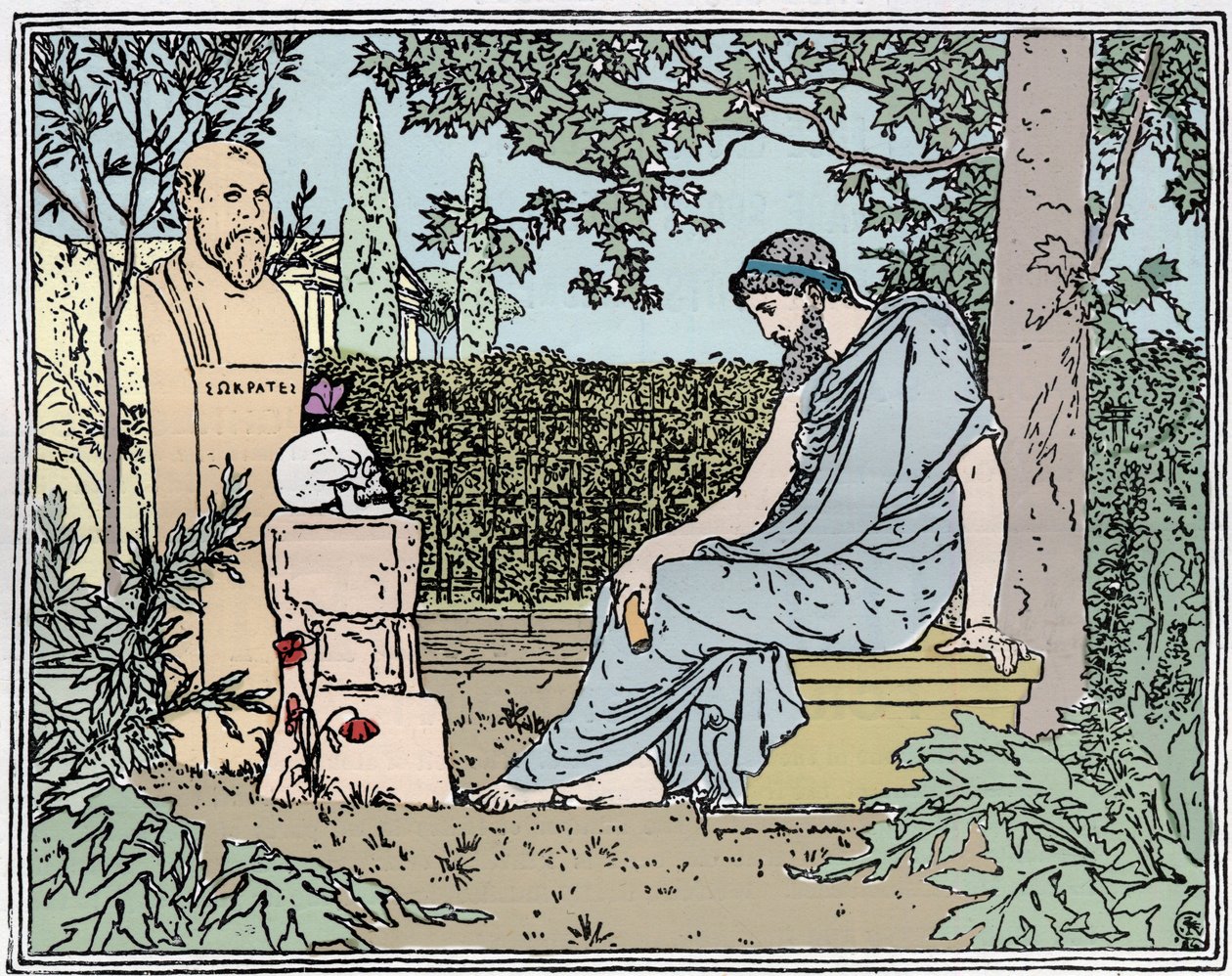 Platon meditiert über die Unsterblichkeit vor Sokrates, dem Schmetterling, dem Schädel und der Mohnblume um 400 v. Chr. - Gravur des 19. Jahrhunderts von Unknown artist
