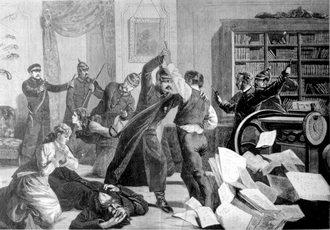 Die Polizei brach in ein Haus in der Sapernaja-Straße (St. Petersburg) ein, in dem die nihilistische Zeitung „Der Nationale Wille“ heimlich gedruckt wird. von Unknown artist