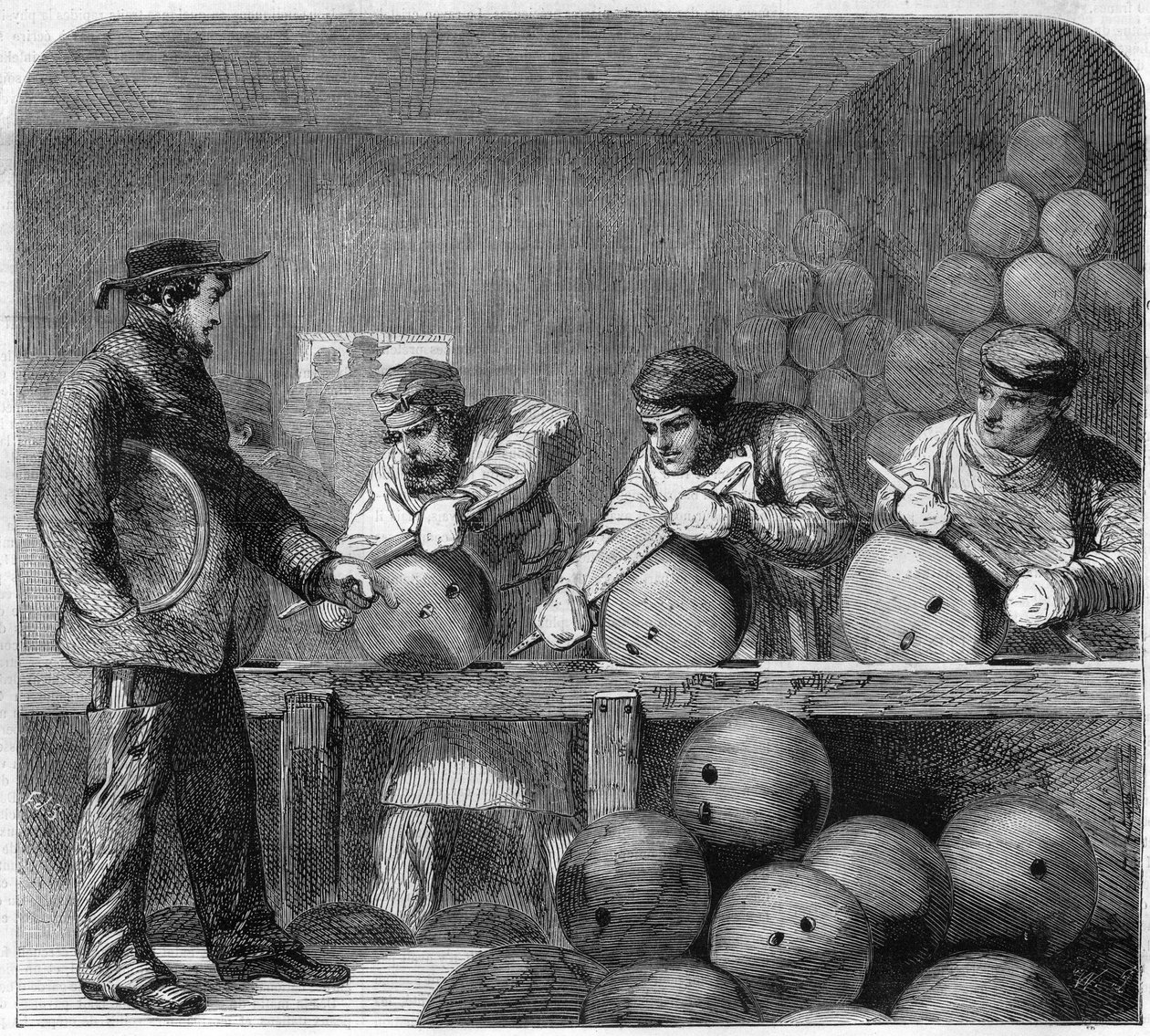Polierwerkstatt der Bombengießerei im Woolwich Arsenal, Vororte von London, England. Gravur in „L