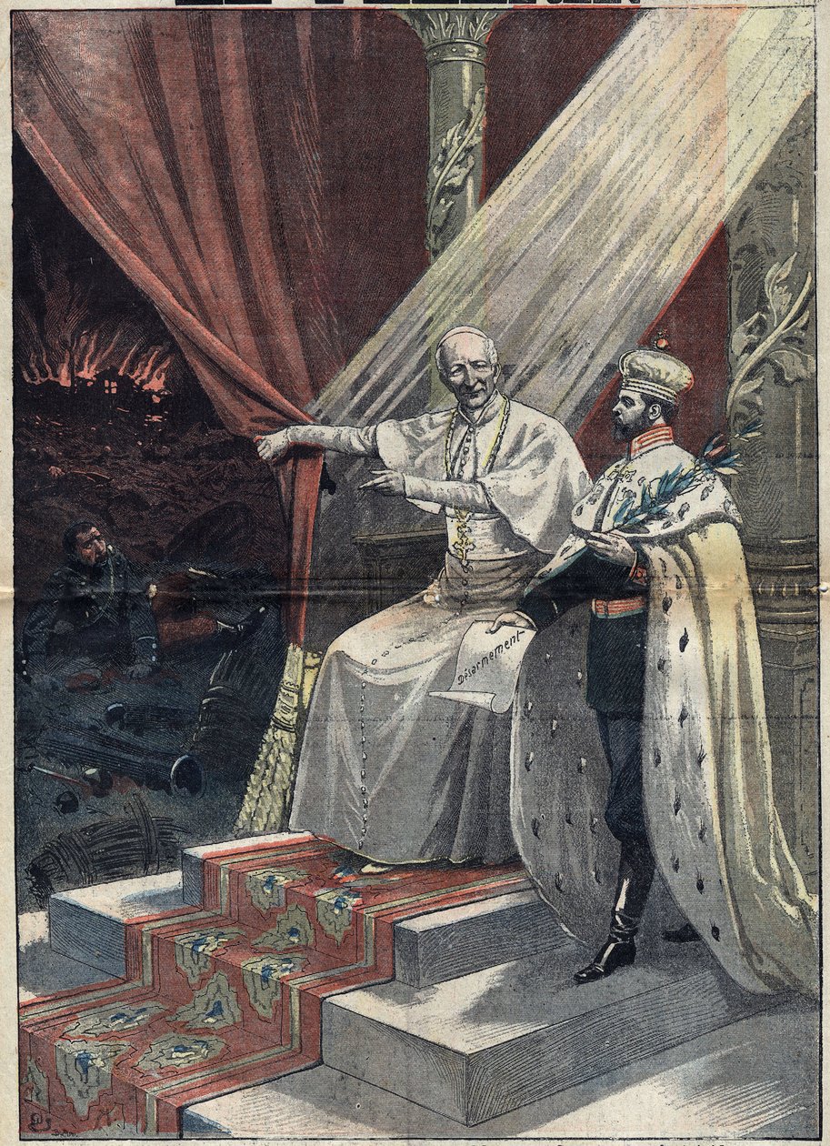 Papst Leo XIII. (1810-1903) zeigt dem russischen Zaren Nikolaus II. (1868-1918) die Schrecken des Krieges. Letzterer schlägt daraufhin die Abrüstung vor. Illustration in „Le Pelerin“ vom 11. September von Unknown artist