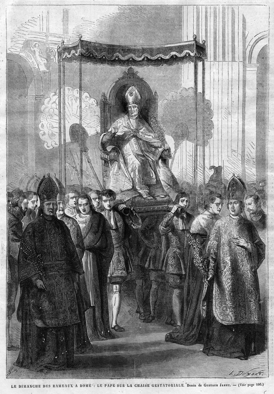 Papst Pius IX. (1835-1914) auf der Sedia Gestatoria - Palmsonntag in Rom: Papst Pius IX. auf dem Gestühl - Zeichnung von Gustave Janet - Das Illustrative Tagebuch von 1868 von Unknown artist