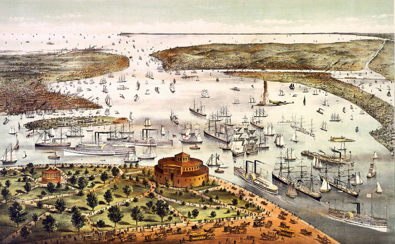 Hafen von New York; Luftansicht. Gravur um 1892 von Unknown artist