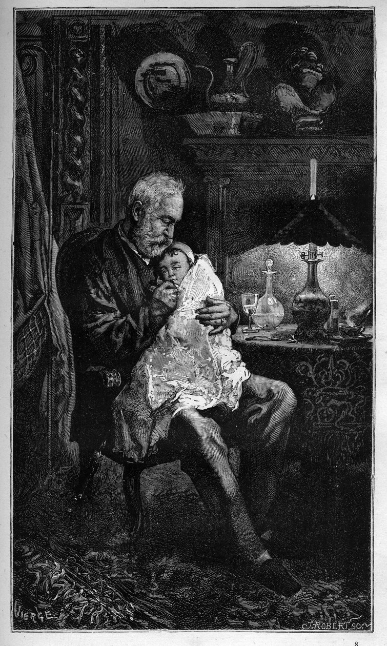 Porträt von Victor Hugo, sitzend mit Enkelin Jeanne - Gravur aus „Das schreckliche Jahr“ („Das schreckliche Jahr“) - Hugo und das kranke Kind während der Belagerung von 1870 - Gravur in „Das schreckliche Jahr“ von Victor Hugo - 1874 von Unknown artist