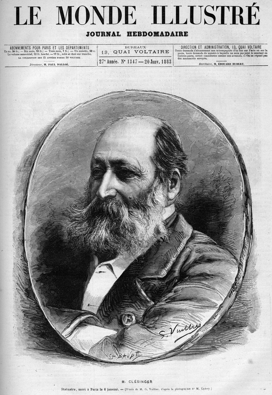 Porträt von Auguste Clésinger (1814-1883), französischer Bildhauer und Maler. Gravur in „Le Monde illustré“ 1883. Private Sammlung. von Unknown artist