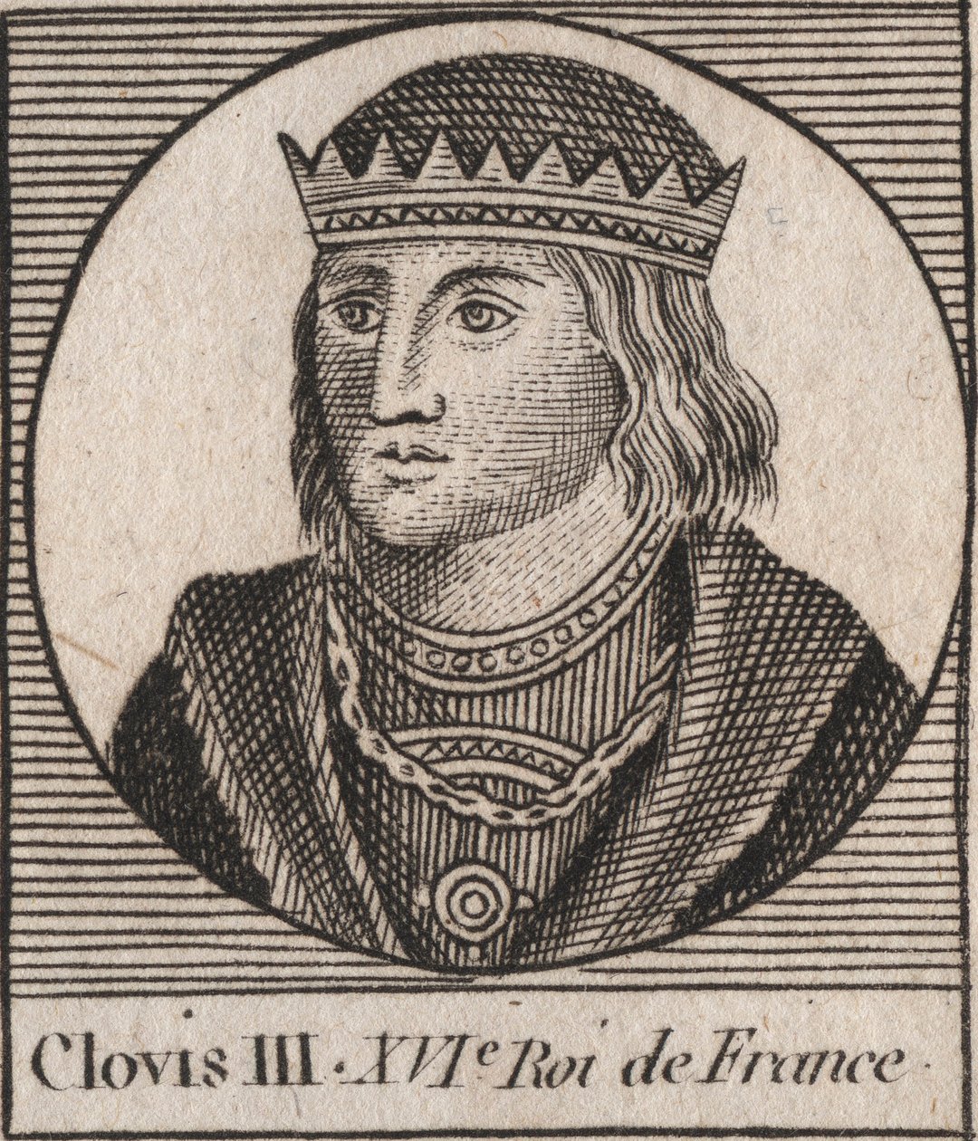 Porträt von Clovis III., König der Franken von 691 bis 695 - CLOVIS III. Merowingischer König von Neustrien und Austrasien - Gravur aus „Instruction sur l