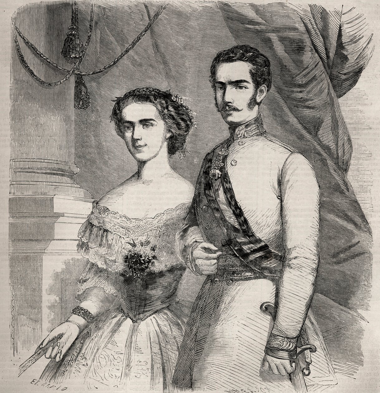 Porträt von Kaiser Franz Joseph I. von Österreich (1830-1916) und seiner Frau Elisabeth von Wittelsbach (1837-1898) (Sissi). Gravur in „Le Monde illustre“ von 1857. Private Sammlung von Unknown artist