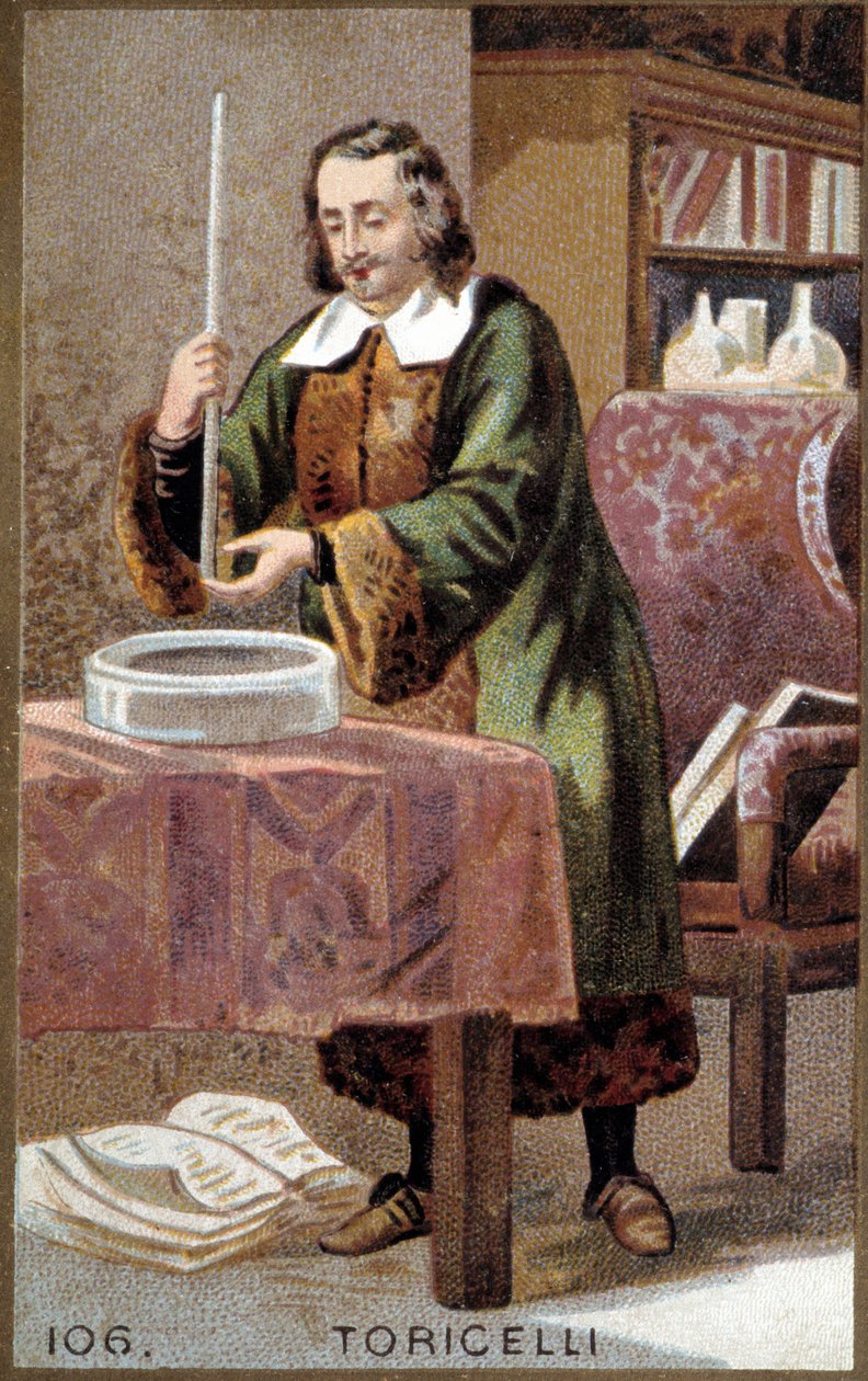Porträt von Evangelista Torricelli (1608-1647), italienischer Physiker, mit seiner Erfindung: dem Barometer (Quecksilberröhre) von Unknown artist