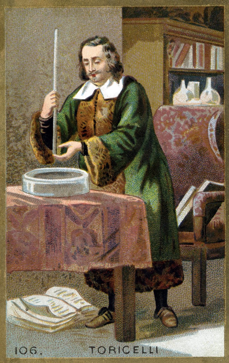 Porträt von Evangelista Torricelli (1608 - 1647), italienischer Physiker mit seiner Erfindung des Barometers (Quecksilberrohr). Chromolithografie des 19. Jahrhunderts von Unknown artist