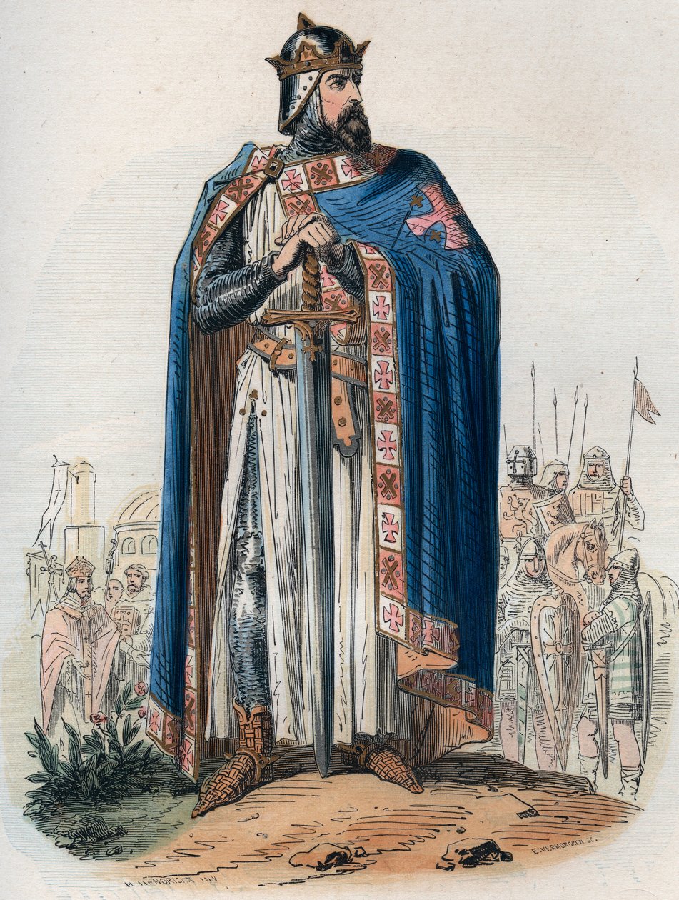 Porträt von Godefroy de Bouillon (1061-1100) im Kreuzritteranzug. Gravur von 1868 in „Histoire de Belgique von den frühesten Zeiten bis zum Ende der Herrschaft von Leopold I.“ von Théodore Juste (1818-1888). Private Sammlung. von Unknown artist