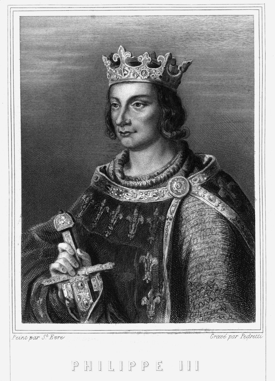 Porträt von König Philipp III. von Frankreich, bekannt als Philipp der Kühne (1245-1285) (Kapetinger-Dynastie). Philipp III., König von Frankreich. Philipp III. der Kühne (1245-1285) - in „Histoire des Français“ von Lavallée, Gravur, sd. von Unknown artist