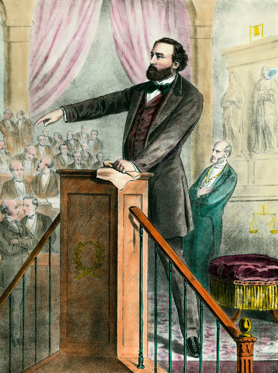 Porträt von Léon Gambetta (1838-1882) in der Galerie. Gravur des 19. Jahrhunderts von Unknown artist
