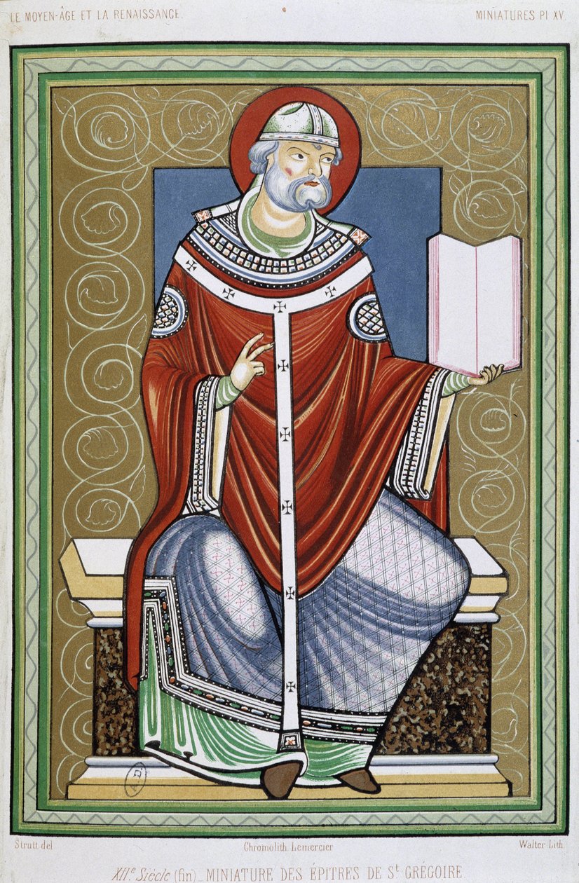 Porträt des Heiligen Gregor, Chromo des 19. Jahrhunderts nach einer Miniatur der Episteln des Heiligen Gregor von Unknown artist