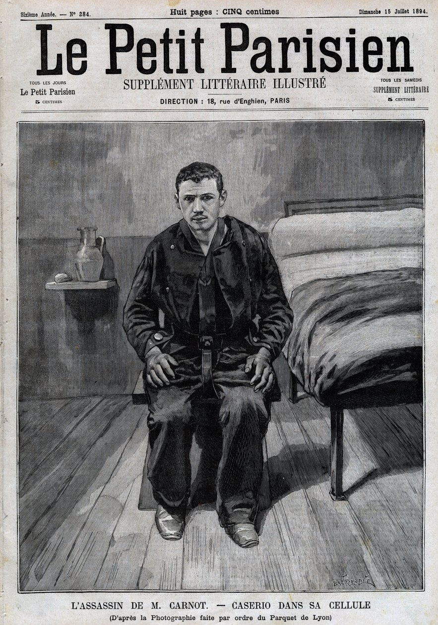 Porträt von Sante Caserio (1873-1894), italienischer Anarchist, Mörder von Sadi Carnot, im Gefängnis. Gravur in „Le Parisien“ von Unknown artist
