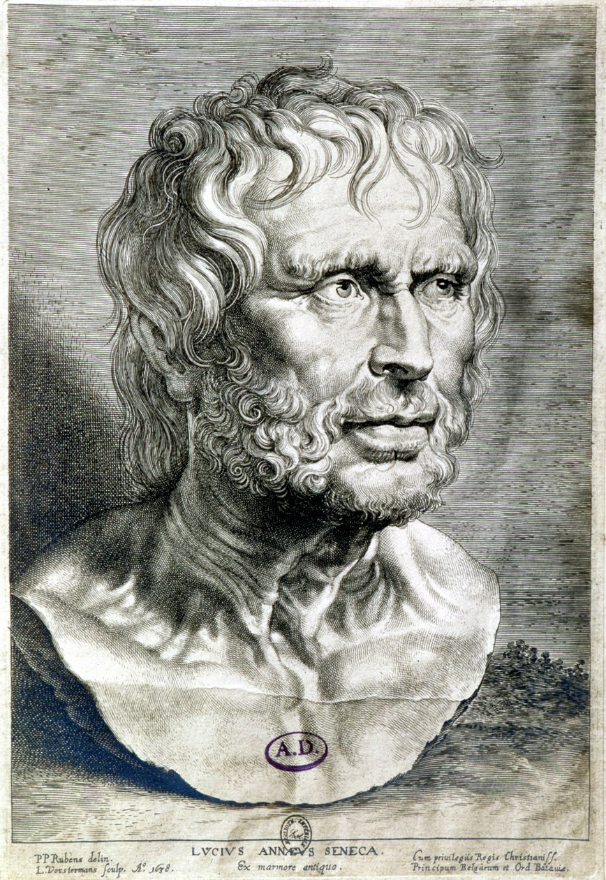 Porträt von Seneca (Lucius Annaeus Seneca, 4 v. Chr.-65 n. Chr.), Philosoph der stoischen Schule, Dramatiker und römischer Staatsmann - Gravur 1638 - Coll Maciet, Bibliothek der dekorativen Künste, Paris von Unknown artist