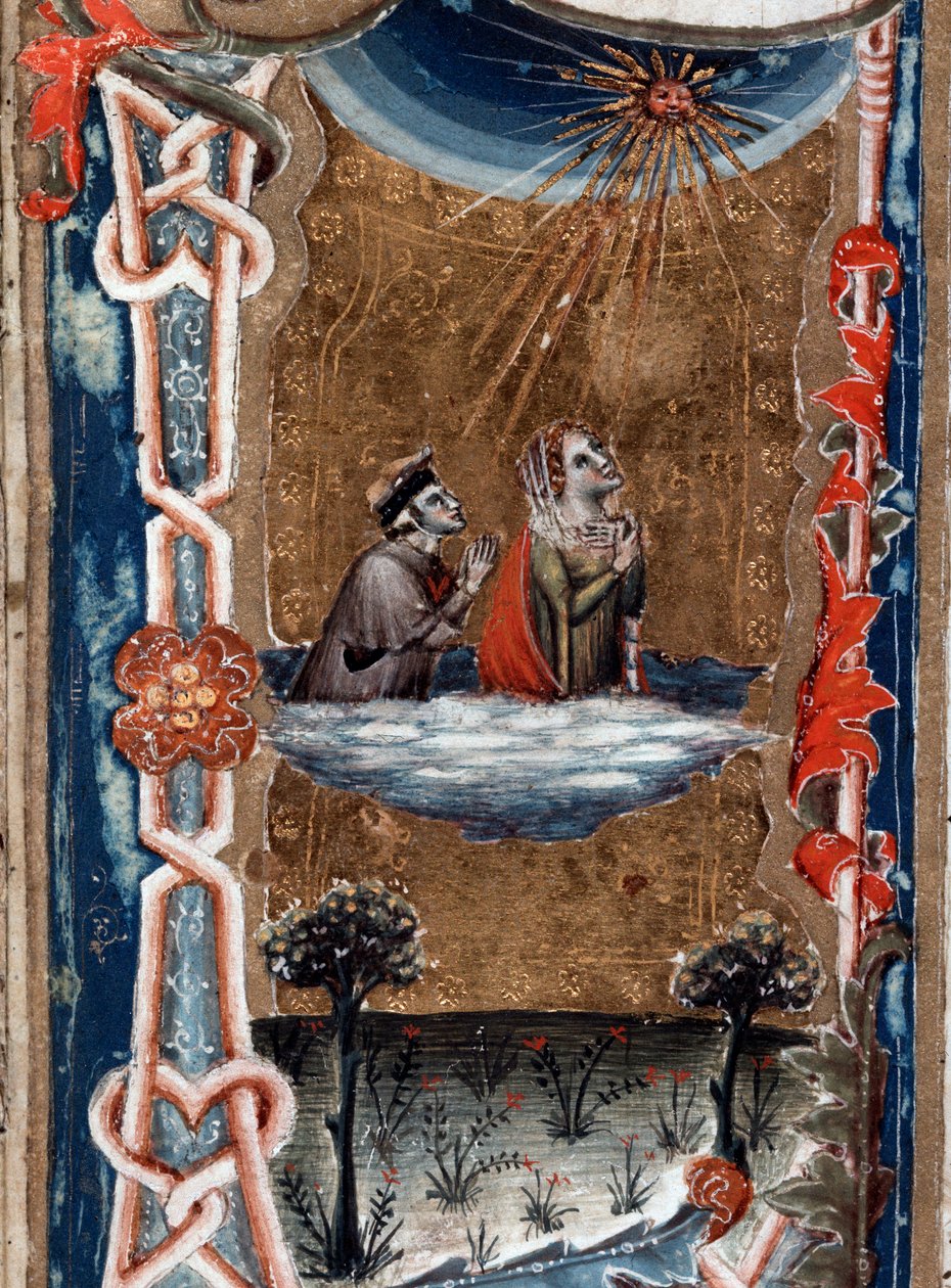 Porträt des italienischen Dichters Dante Alighieri mit Beatrice, in der Göttlichen Komödie - Miniatur von Unknown artist