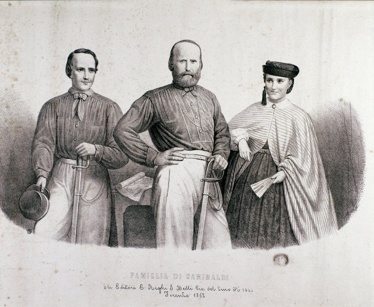 Porträt des Patrioten und Helden des Risorgimento Giuseppe Garibaldi mit seiner Tochter Teresita und seiner Frau Stefano Canzio von Unknown artist