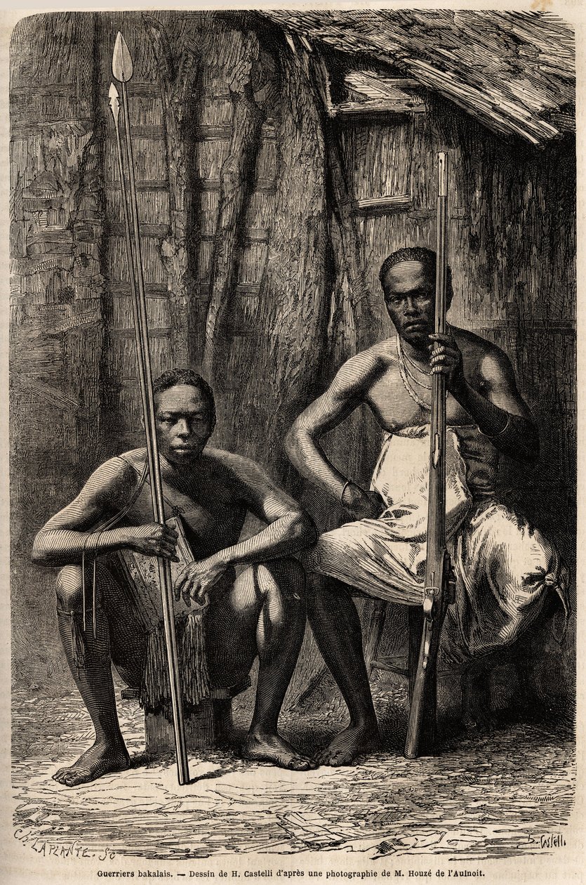Porträt von zwei Bakali-Kriegern. Zeichnung von H. Castelli, zur Illustration der Reise nach Gabun in den Jahren 1861-1864 von Dr. Griffon du Bellay. Gravur in „Le tour du monde“, herausgegeben von Edouard Charton von Unknown artist