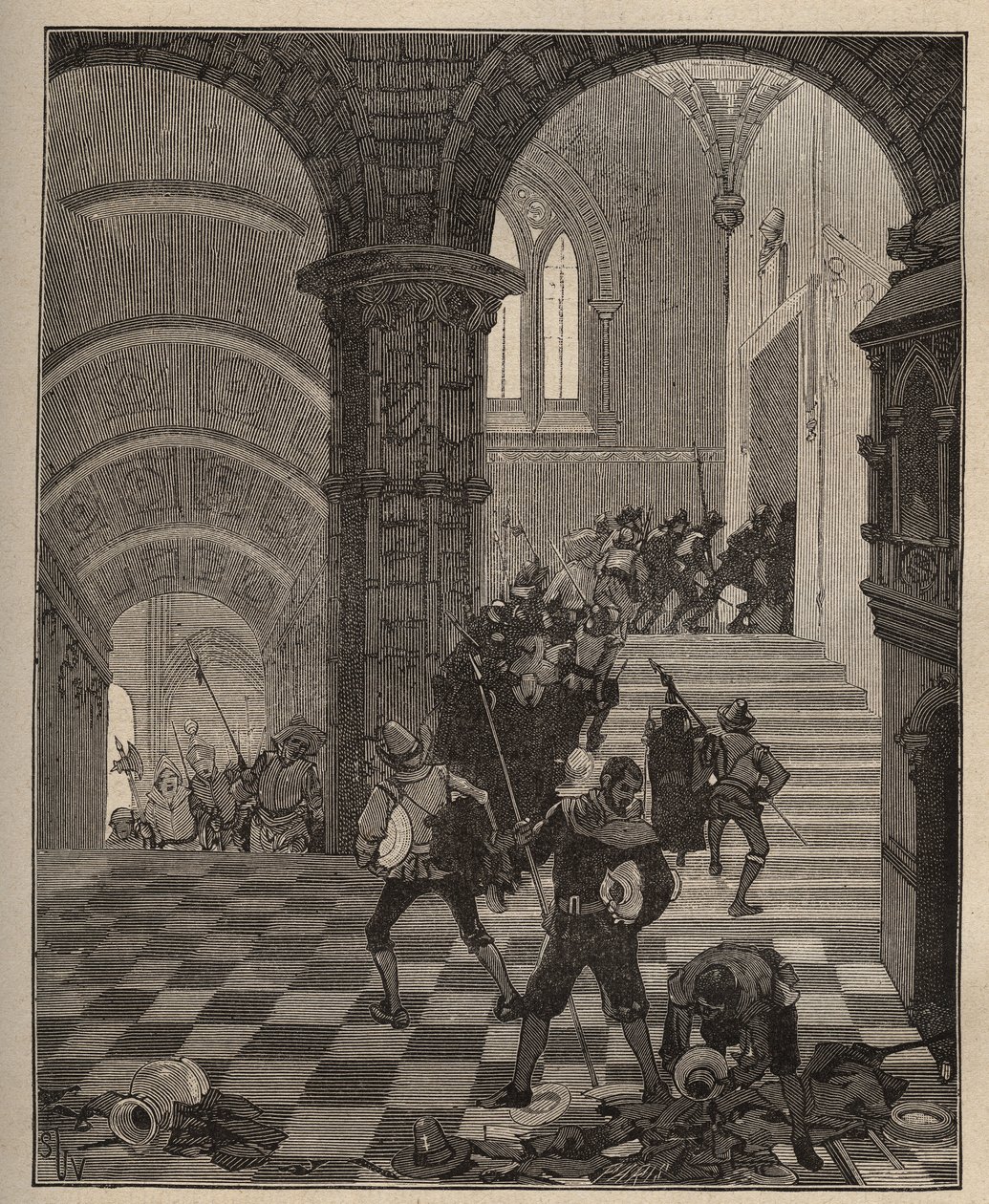 Töpferei: Zerstörung der „Henri II“-Fabrik während der Plünderung des Schlosses von Oiron (Deux Sevres) im Jahr 1568 während der Liga. Gravur von 1885 in „Les arts et metiers illustres“ von Adolphe BITARD von Unknown artist