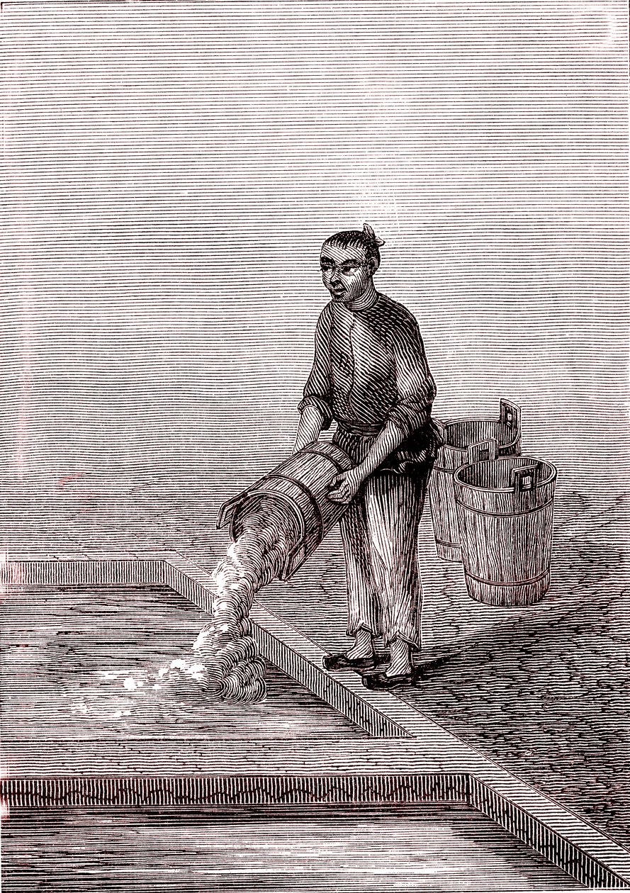 Kalk in das Becken gießen, Papierherstellung in China (3. Jahrhundert v. Chr.) (Gravur) von Unknown Artist