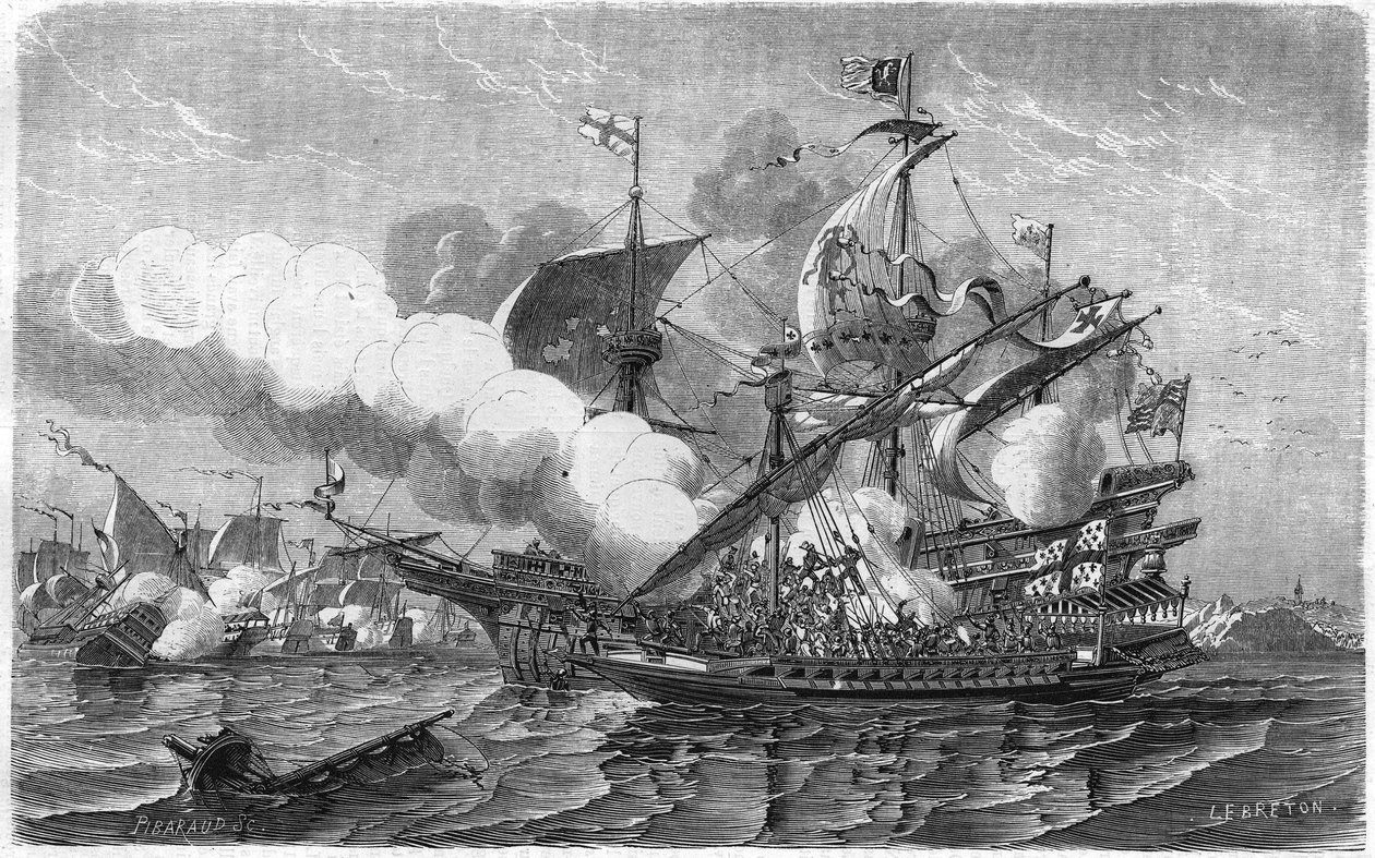 Pregent griff die englische Flotte an, kommandiert von Admiral Edouard Howart, April 1513. Gravur aus dem 19. Jahrhundert. von Unknown artist