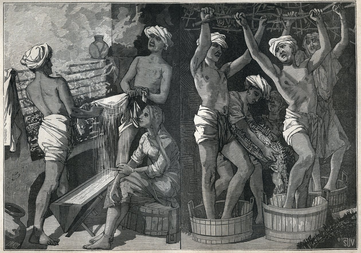 Vorbereitung von Lack in Indien. Gravur von 1885 in „Les arts et metiers illustres“ von Adolphe BITARD von Unknown artist