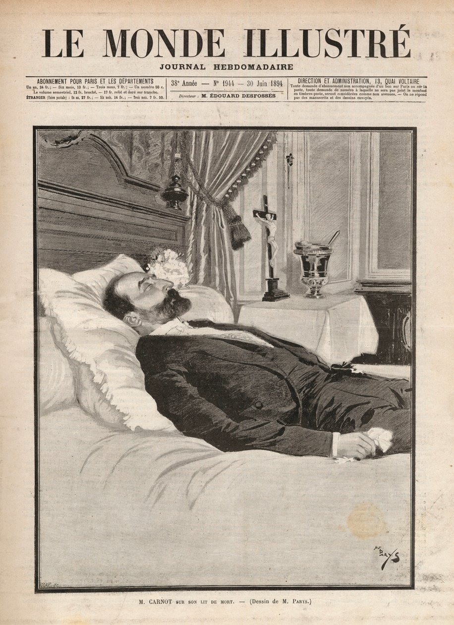 Präsident der Republik Sadi Carnot (1837-1894) auf seinem Sterbebett, ermordet am 24. Juni auf der Ausstellung in Lyon durch Sante Caserio (1873-1894). Gravur in „Le monde illustré“ von Unknown artist