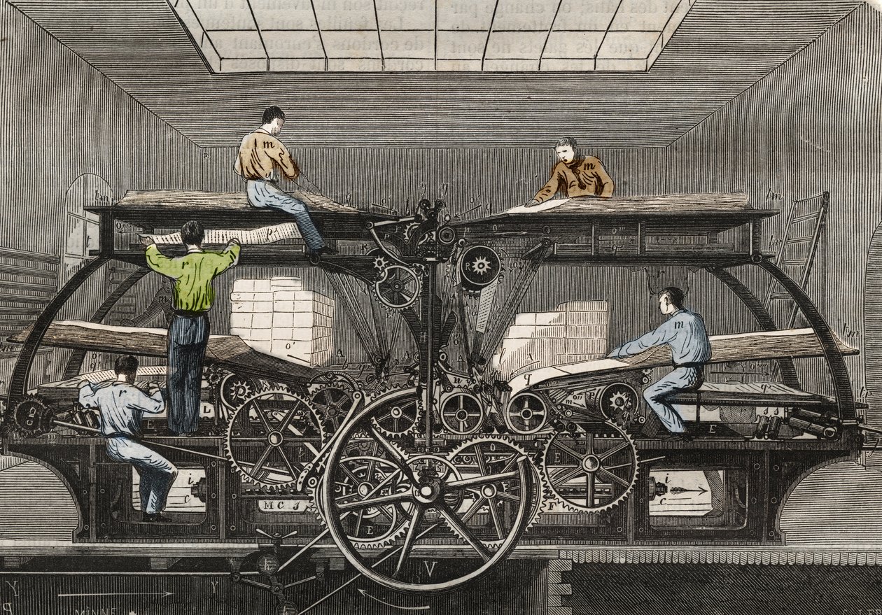 Druckerpresse: Druckerpresse der Zeitung „Le Siecle“ in Paris. Gravur von 1857 in „Le Musee Des Sciences“ von Unknown artist