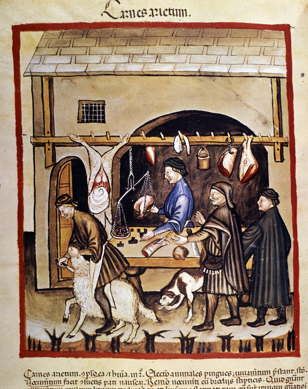 Produktion und Verkauf (Metzger) von Schaffleisch. Ein Schaf wird geschlachtet. Illustration aus dem Buch der Medizin und Diätetik „Tacuinum sanitatis“ von Unknown artist