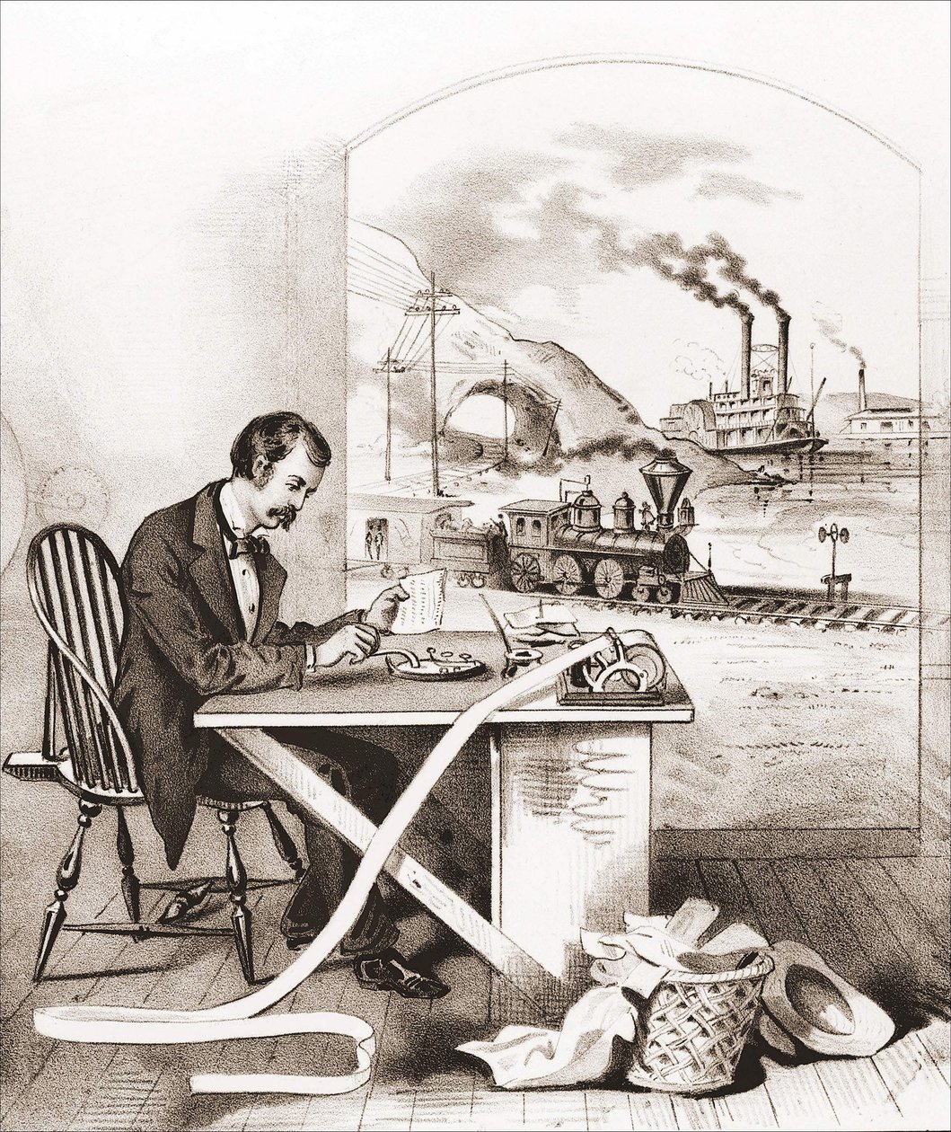 Fortschritt des Jahrhunderts (19. Jahrhundert): Morse-Telegraphie, Dampfschiff, Zug usw. Gravur des 19. Jahrhunderts von Unknown artist