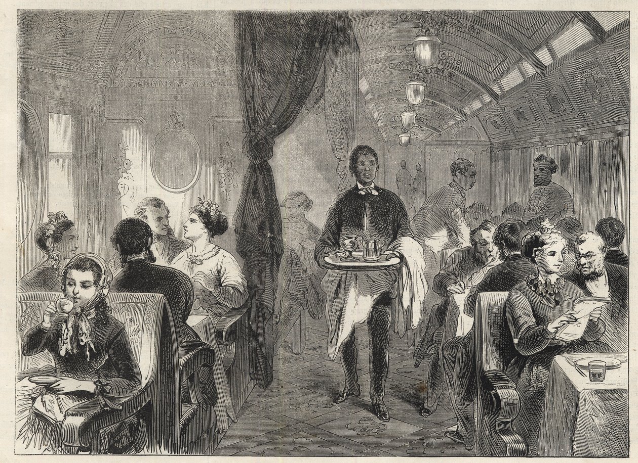 Pullman-Speisewagen der Pacific Railways im Jahr 1869 - Innenansicht eines Hotelwagens der Pacific Railway von Unknown artist
