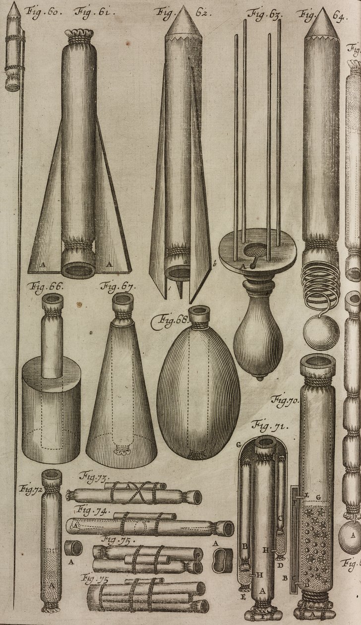 Pyrotechnische Raketen und Instrumente, Gravur aus Grand Art d